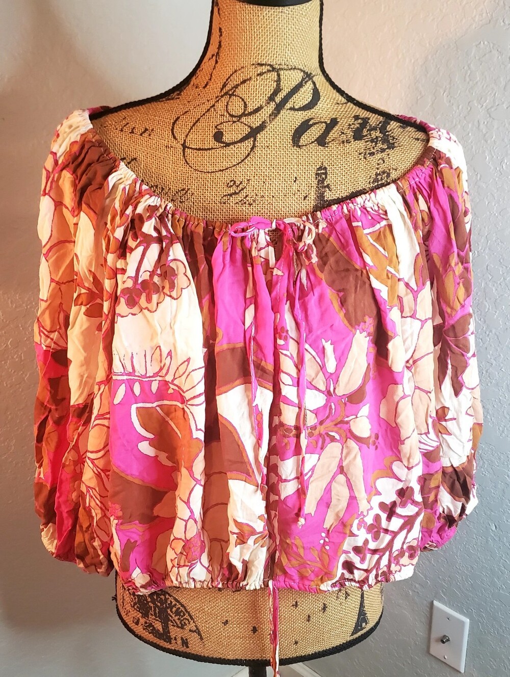 Olivaceous Pink and Brown Off-Shoulder Floral Tunic